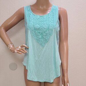 VENUS STRETCH KNIT LACE NECKLINE TANK TOP SLEEVELESS TUNIC HEATHERED AQUA sz S